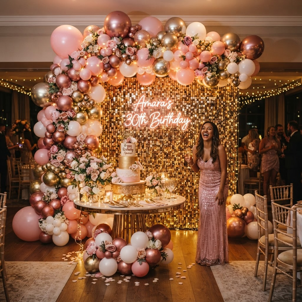 Birthday balloon decoration with pink gold arch
