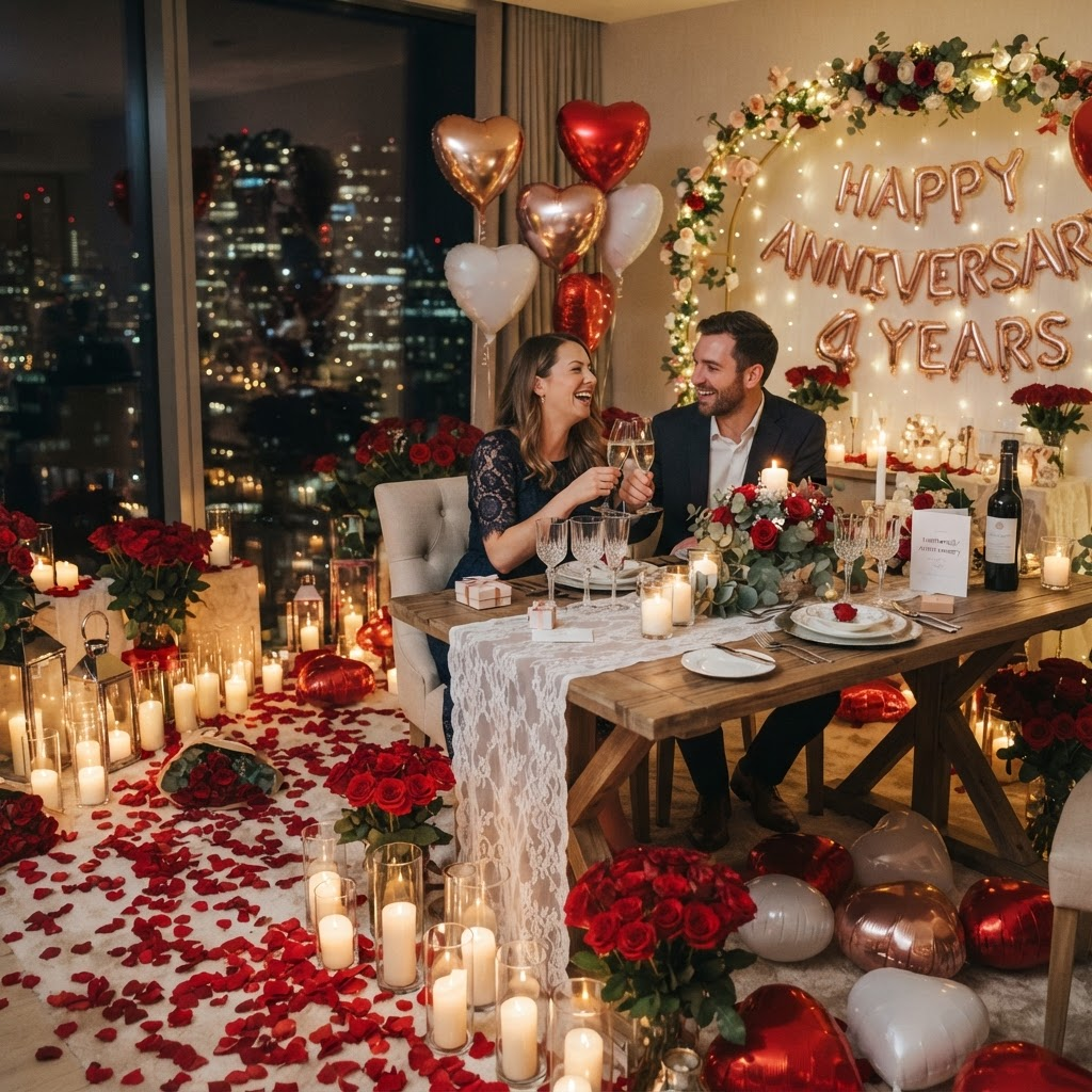 Luxury anniversary couple setup with roses