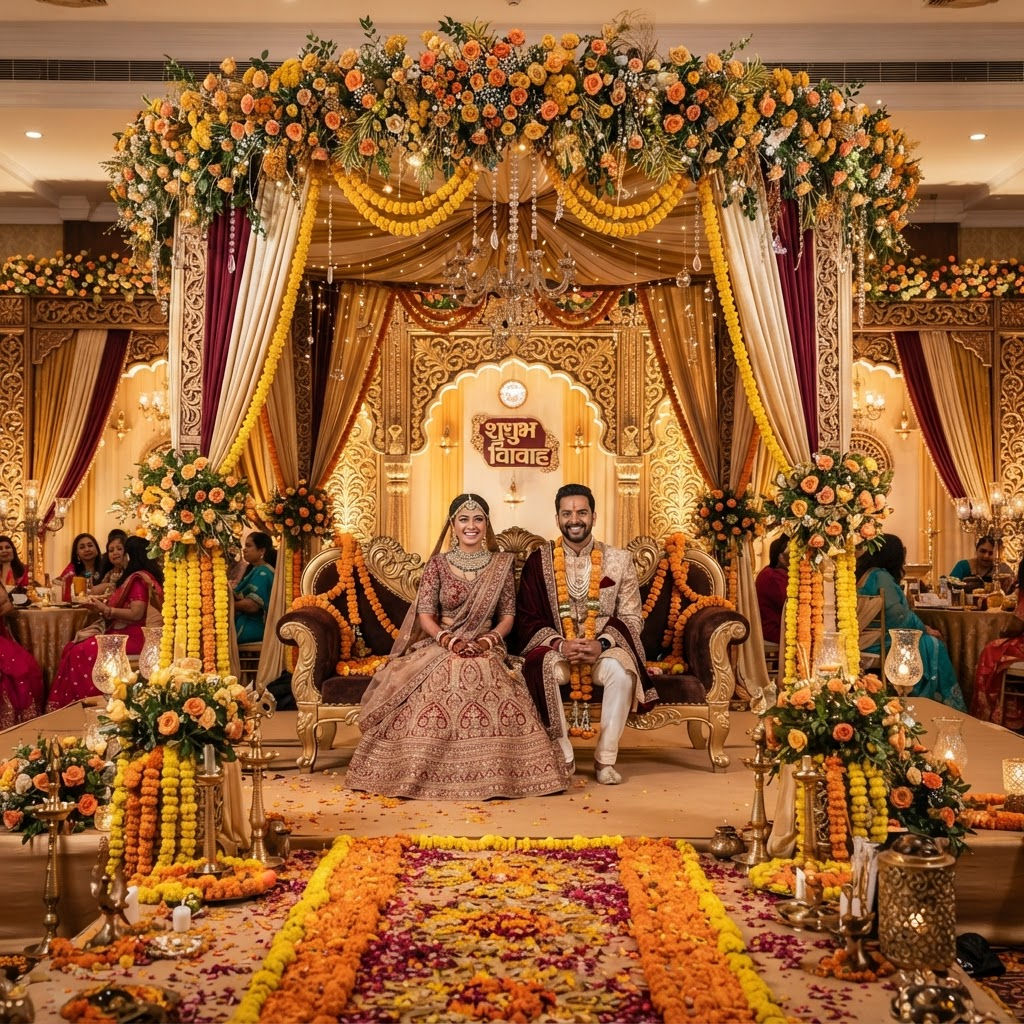 Grand Indian wedding stage with marigold flowers