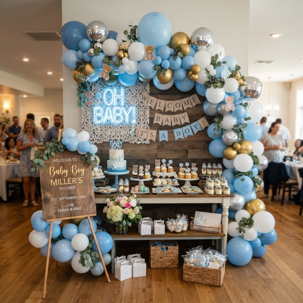 Baby shower party with blue white balloon cloud