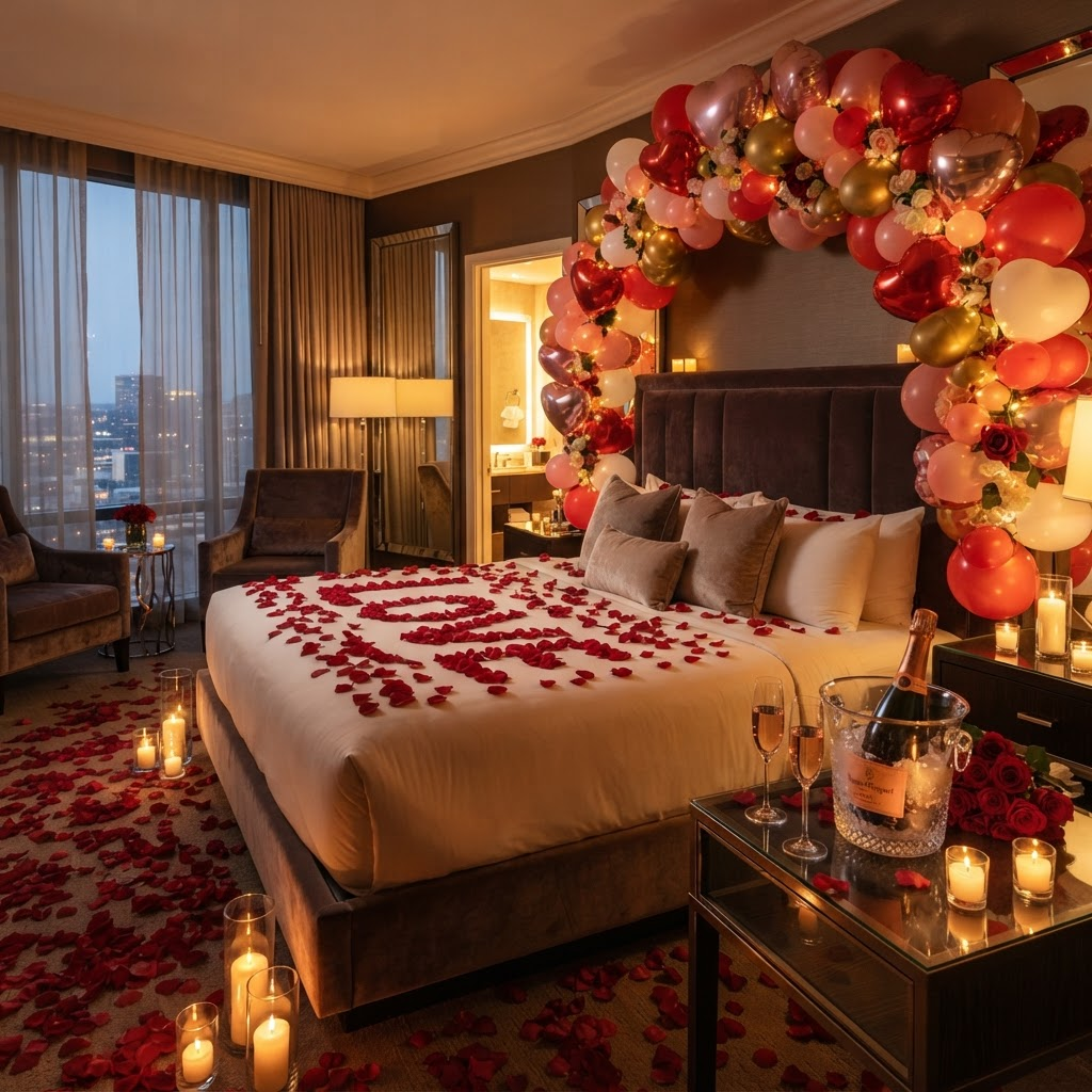 Romantic hotel room with rose petals and candles